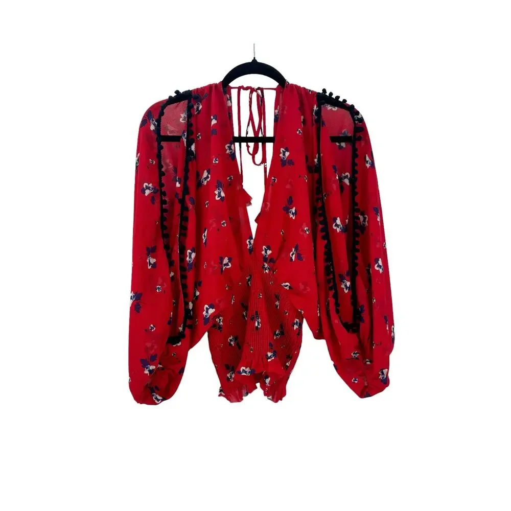 Misa Floral Print Smocked Blouse Long Sleeve Red/Blue Size Medium NWT